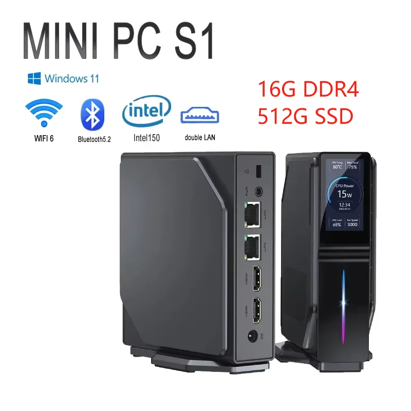 Globalny Mini PC S1 Intel Twin Lake N150, 16 GB DDR4, 512 GB SSD, 1,9-calowy inteligentny ekran LCD, podwójne porty HDMI 4K, porty LAN, magnetyczna obudowa
