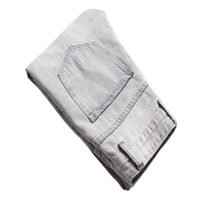 Calça jeans masculina de tamanho grande, reta, cinza claro, primavera e outono, comprimento total, calça jeans rasgada