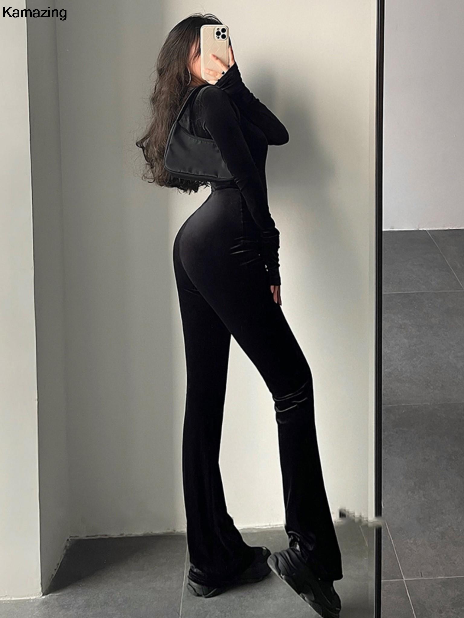 秋のセクシーなボディコン黒ベルベットジャンプスーツ女性ファッションフード付きジッパーフレアパンツロンパースヴィンテージ Y2k ストリート冬服