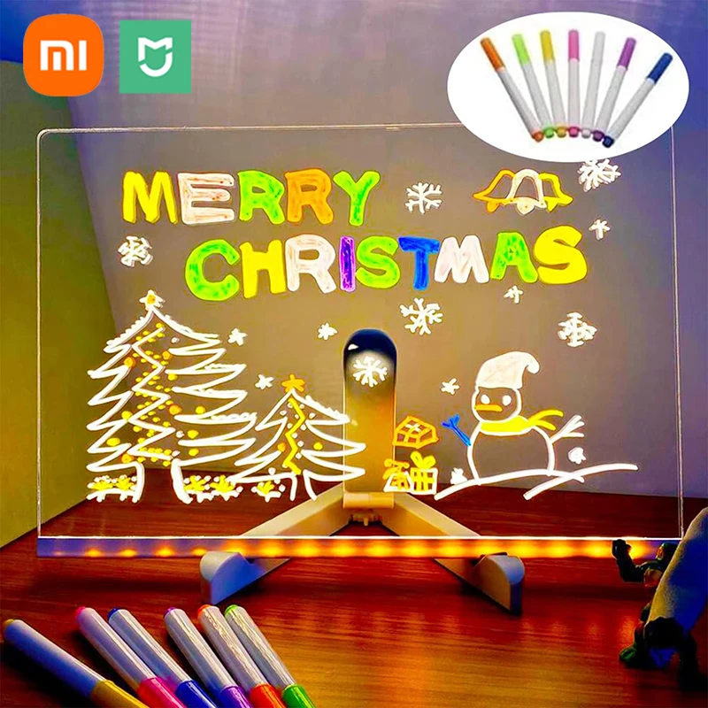 Tablero de notas LED Xiaomi Mijia con luz nocturna, 7 bolígrafos coloridos, tablero de dibujo de mensajes borrable acrílico DIY para niños, regalo de cumpleaños
