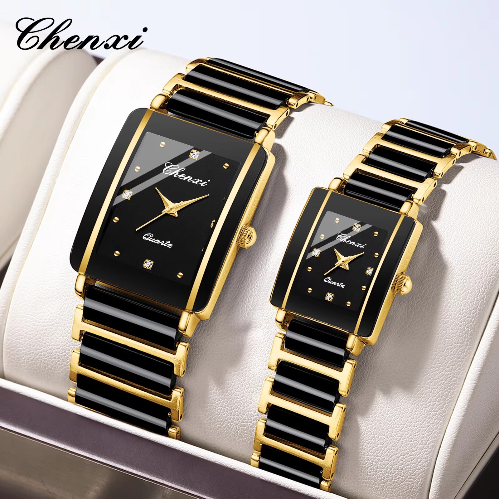 CHENXI 104A นาฬิกาคู่กันน้ําแฟชั่นหรูหราทองสีดําสีขาวนาฬิกาข้อมือสําหรับผู้ชายและผู้หญิง