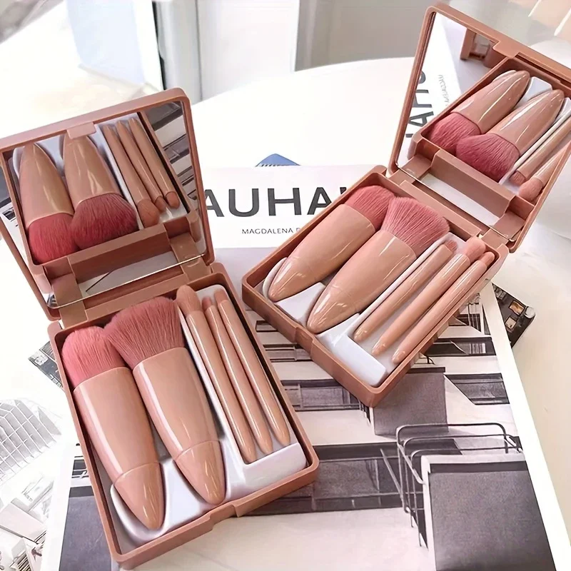 5 uds brocha cosmética brocha de maquillaje portátil de viaje con caja de espejo juego de maquillaje brocha suelta colorete brocha sombra de ojos