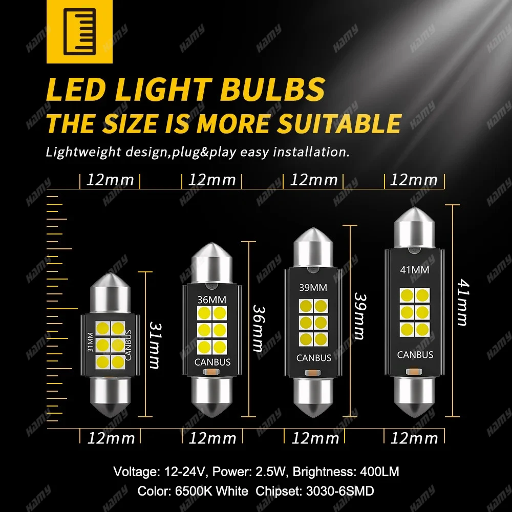 2PCS 600LM Super Bright C10W C5W หลอดไฟ LED Festoon 31/36/39/41 มม.LED CANBUS 12V 6500K สีขาวรถภายในโดมใบอนุญาต Light Plate