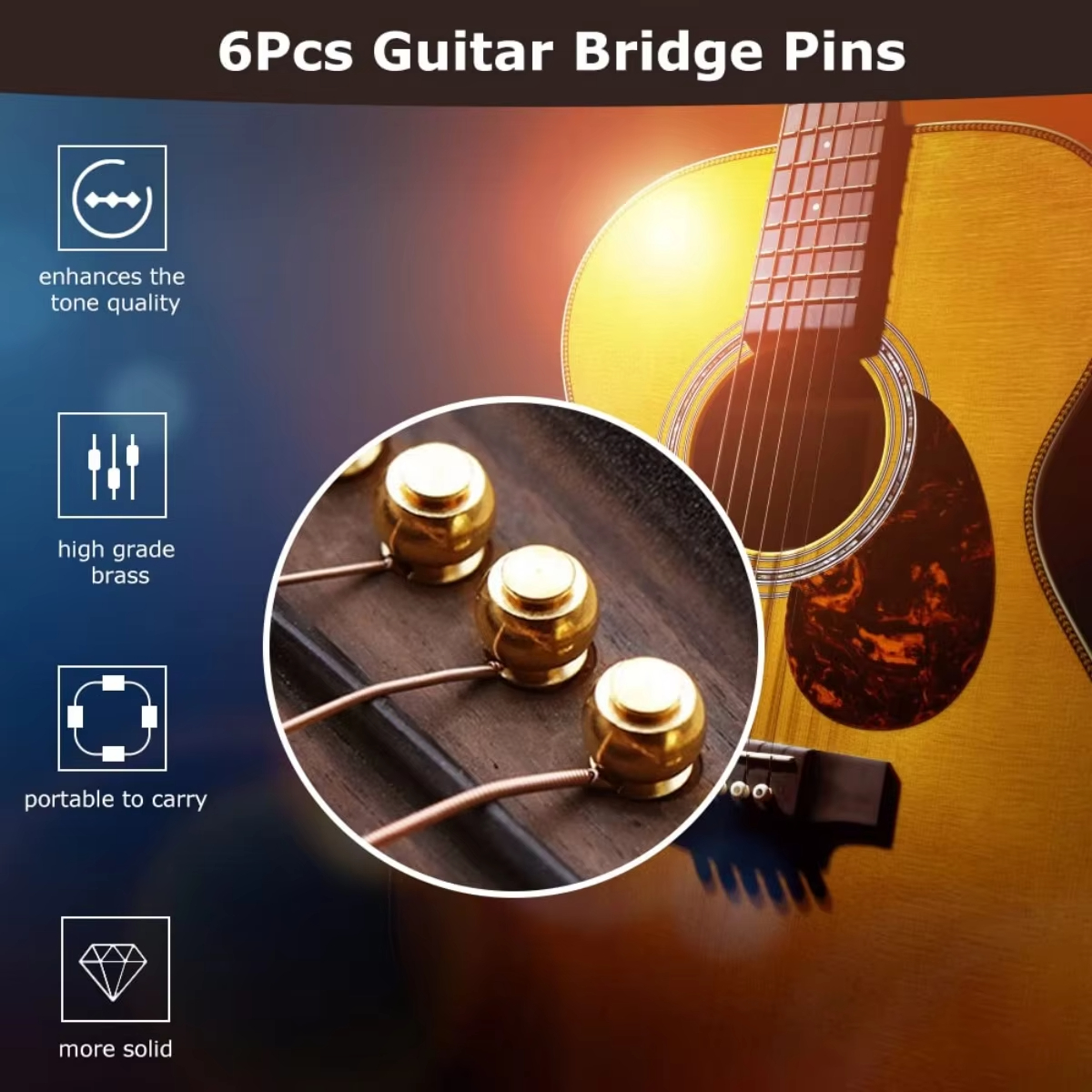 6 Pcs Acoustic Guitar Bridge Pin Guitar Strings Nail Solid Copper Brass With Guitar Bridge Pin Puller