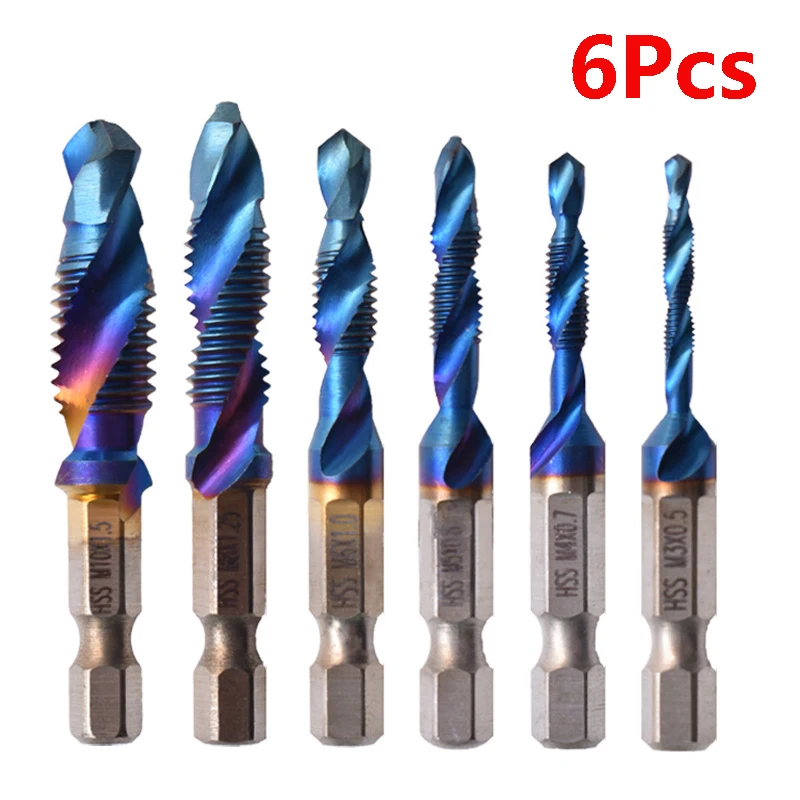 Juego de brocas para grifo, vástago hexagonal chapado en titanio, broca de rosca HSS, máquina de tornillo, grifo compuesto M3 M4 M5 M6 M8 M10, herramientas manuales, 6 uds.