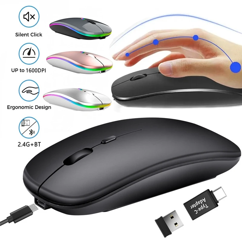 Ratón inalámbrico recargable compatible con Bluetooth 2,4 GHz modos duales ratón de ordenador con Nano receptor para PC portátil Macbook
