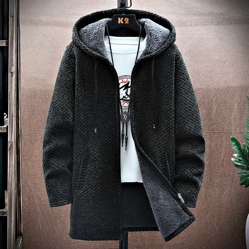 Cárdigan para hombre, abrigo largo de Cachemira, suéteres con capucha, Otoño Invierno, nuevo suéter liso cálido de lana, abrigo cortavientos, ropa para hombre