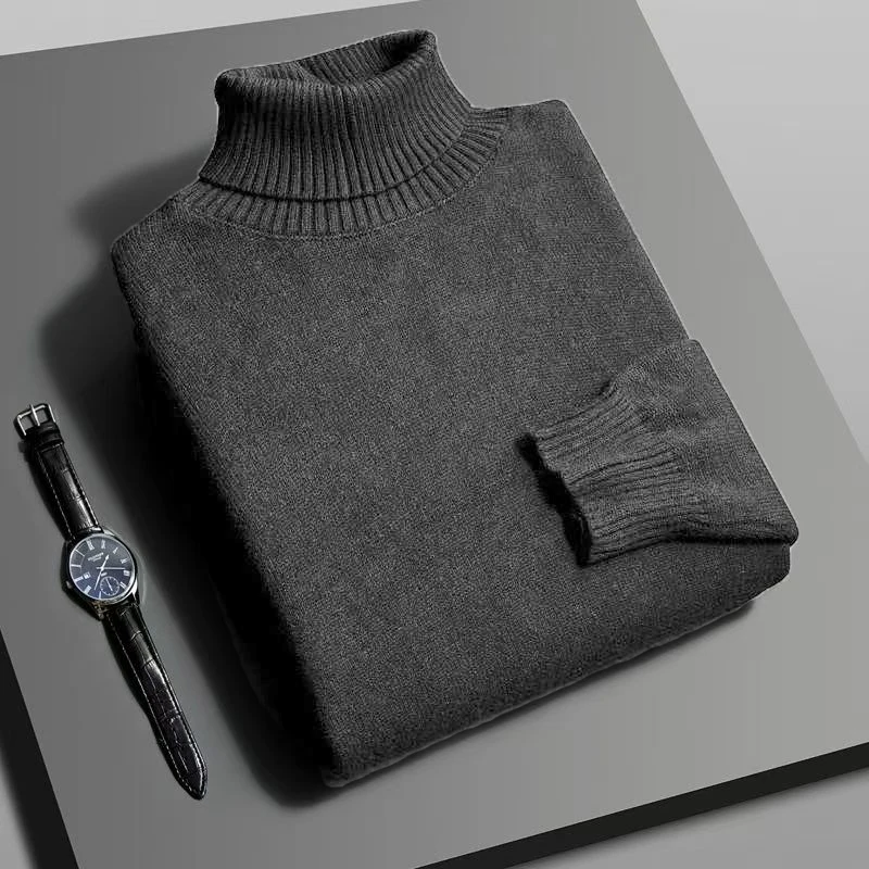 Otoño para hombre de alta calidad de punto suéter de cuello alto ajustado de manga larga anti-pilling jersey Color sólido tendencia hombres Streetwea