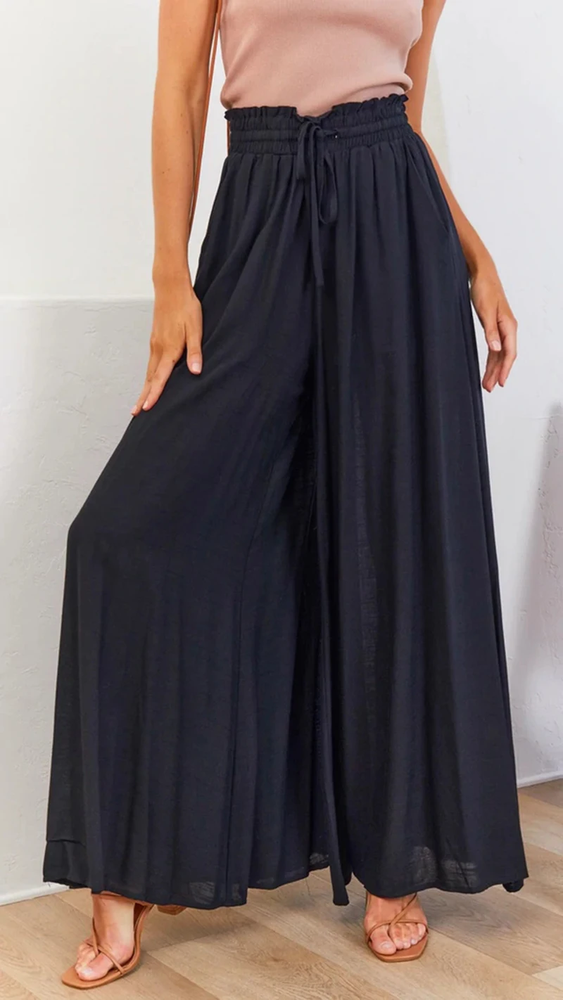 Calças femininas de verão Wde Leg com cintura elástica