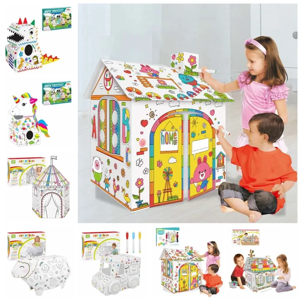 โมเดลรถกระดาษแข็ง Playhouse ไดโนเสาร์3D รถ DIY กระดาษแข็งขนาดใหญ่ภาพวาดกราฟฟิตี handmate บ้าน
