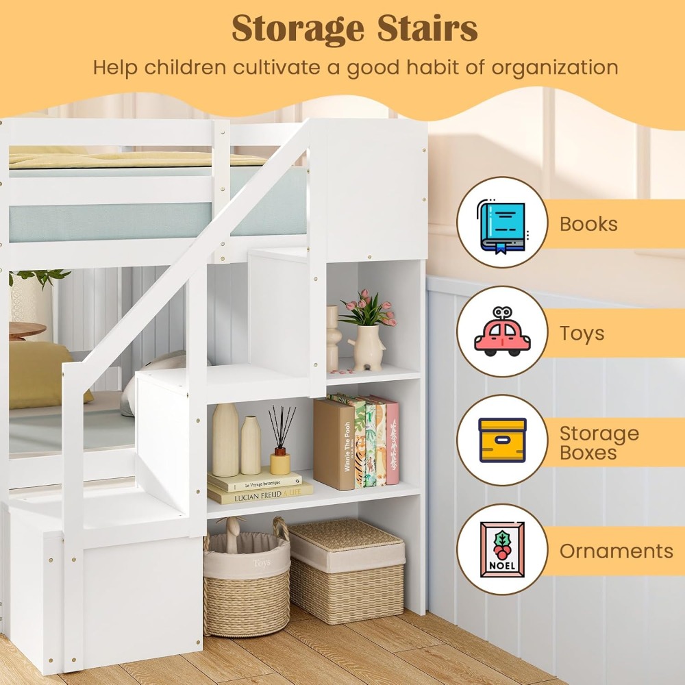 Twin Over Twin Bunk Bed with Stairs, Solid Wood Floor Bunk Bed with Storage Staircase & Full-Length Guardrails,