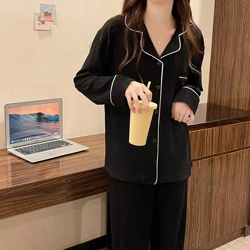 ストライプパジャマ女性パジャマセット韓国 Piiama パンツセット女性のための 2 個ボタンナイトウェア長袖ホームスーツ pigma