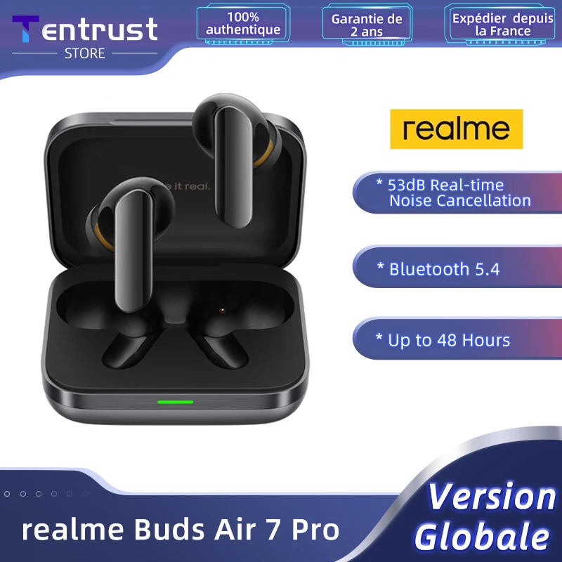 Versione globale realme Buds Air 7 Pro 53dB Cancellazione attiva del rumore Vero auricolare wireless Batteria 48 ore Cuffie Bluetooth 5.4