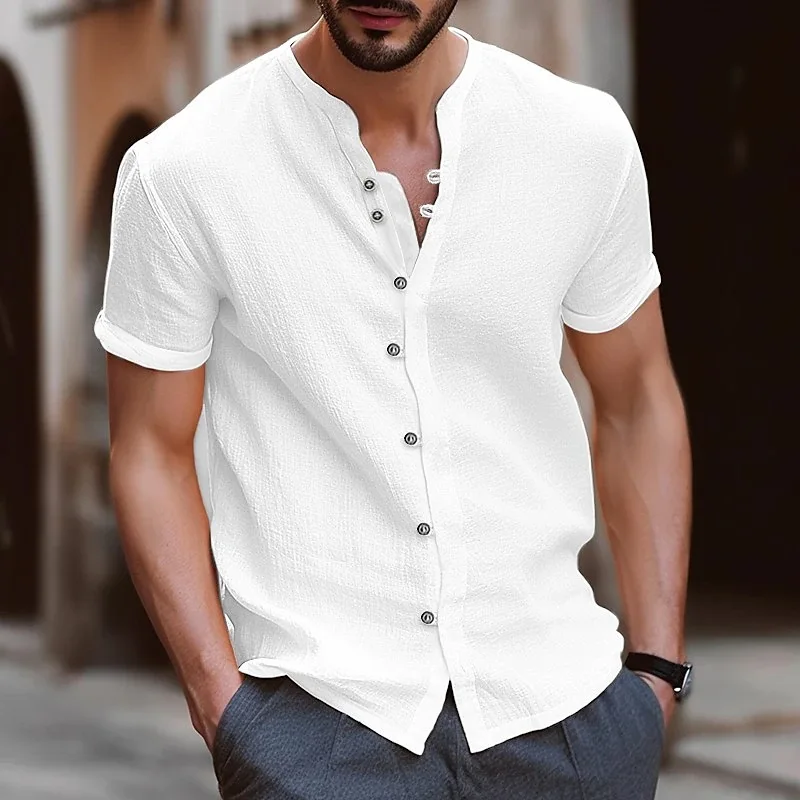 Polo a maniche corte senza colletto da uomo di moda di alta qualità maglietta casual senza colletto da uomo stile spiaggia top indumento