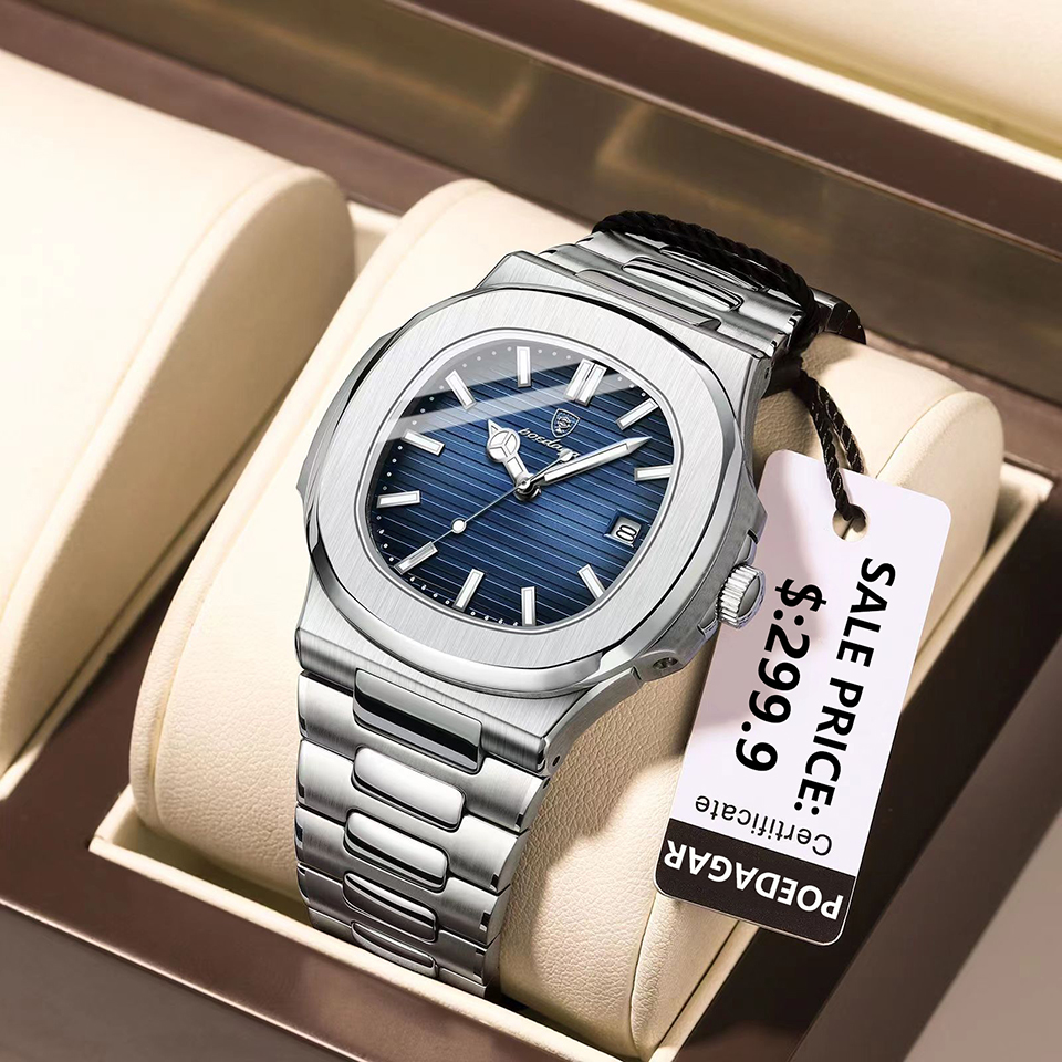 POEDAGAR Luxury นาฬิกากันน้ําชายนาฬิกาส่องสว่างวันที่สแตนเลสสตีลควอตซ์นาฬิกาผู้ชาย reloj hombre 2024 ใหม่