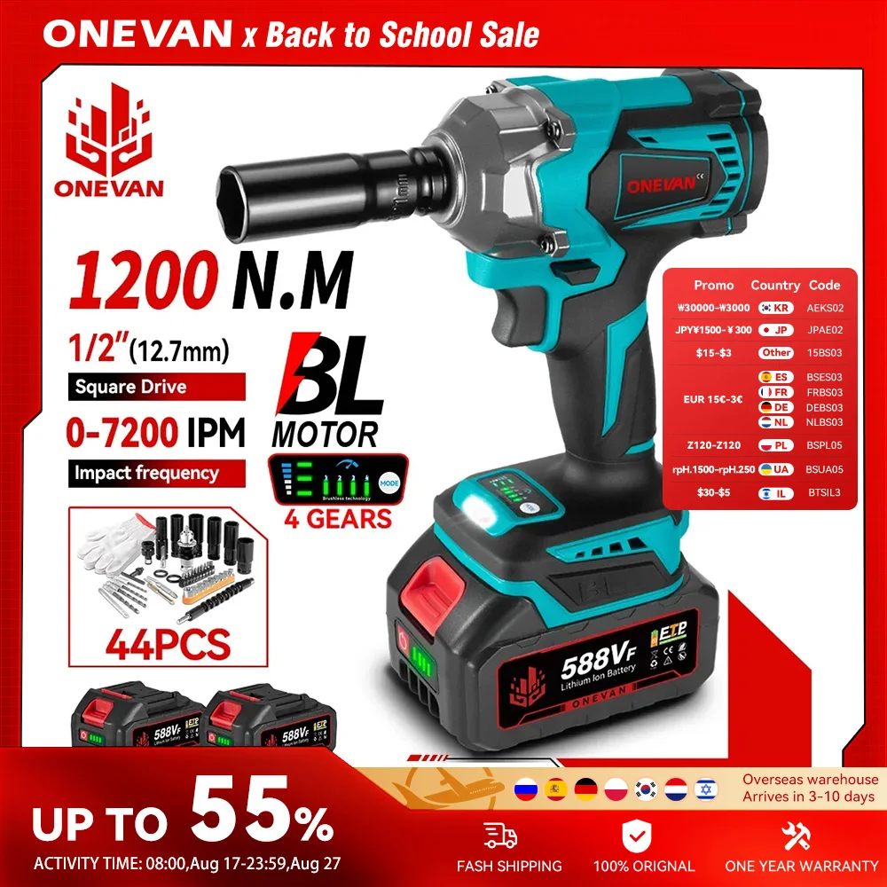 ONEVAN 1200N.m Brushless Electric Impact Wrench 1/2 inch Cordless Electric Screwdriver Drill Tool For Makita 18V Battery Pin
