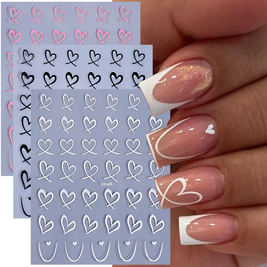 3szt Walentynki Naklejki do paznokci 3D Czarne Białe Różowe Linie Miłość Serce Naklejki do paznokci DIY Samoprzylepny suwak Ozdoby do manicure