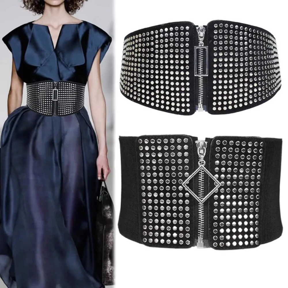 European Fashionable Wide Elastic Waistband Decorative Sweater Wide Belt Rivet Women's Belt for Winter