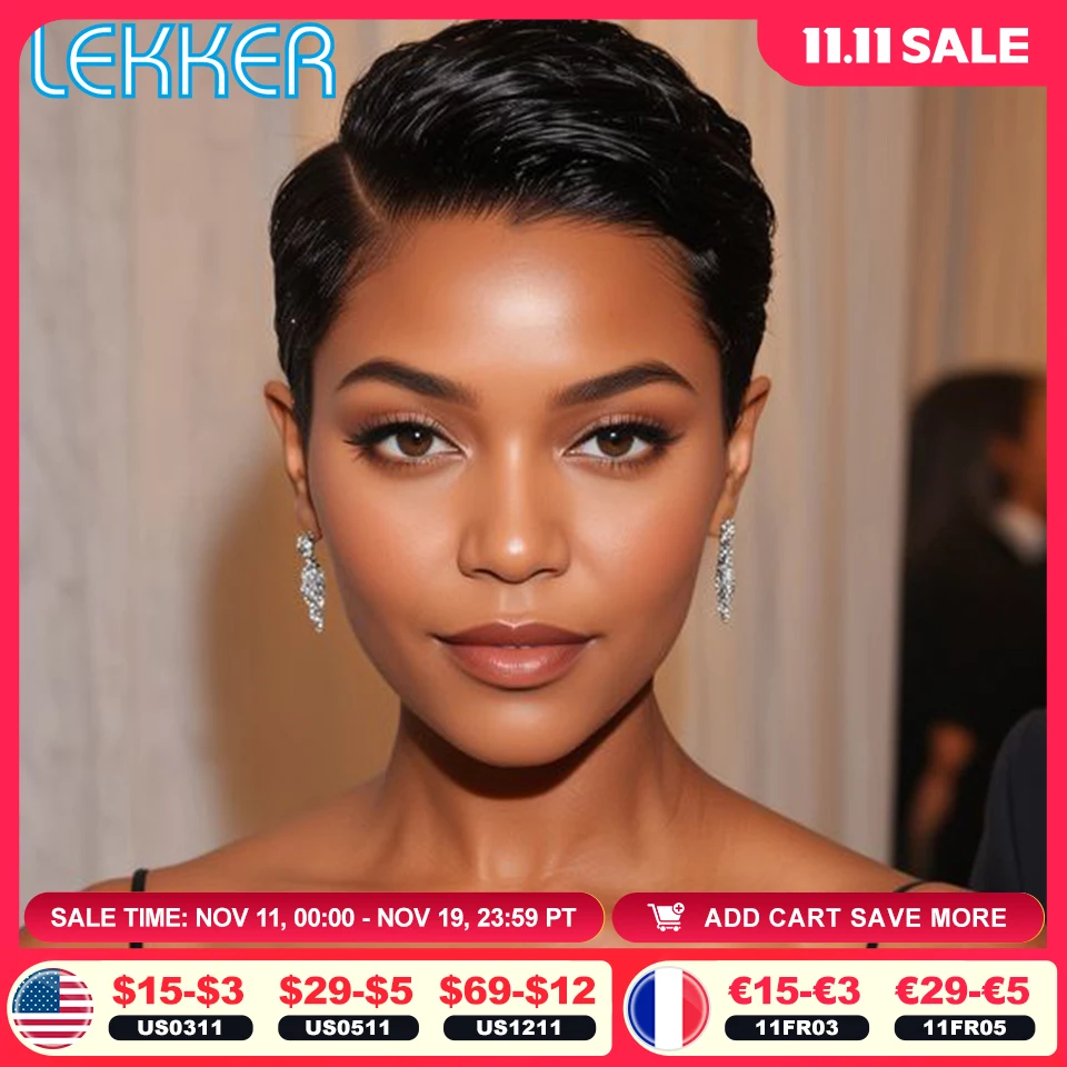 Lekker Black Short Pixie Cut 13X1 C Part Lace Front 100% Human Hair Wig For Women Without Glue Brazilian Remy Hair Clearance
