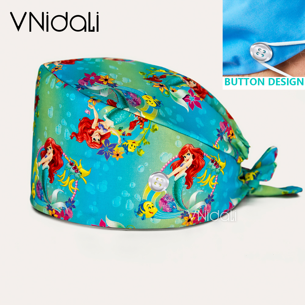 wholesale scrub hat nurse accessories printed hats Ladies Surgical Cap Dentist Work Beauty Salon Pet Shop button Scrub Cap