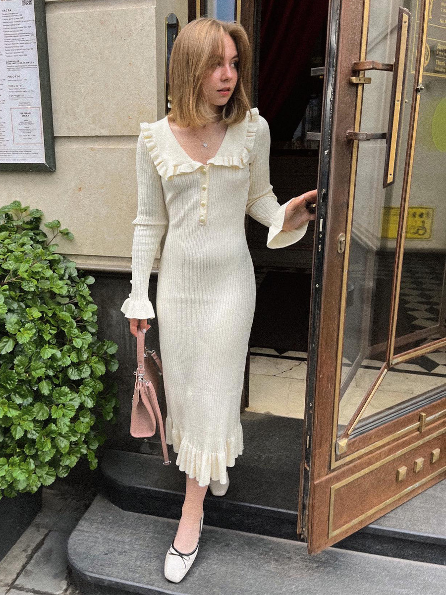 Langer Rock für Damen, V-Ausschnitt, Sommer, lässig, koreanische Mode, Damen-Kleidung, tausendjähriges Vintage-Kleid
