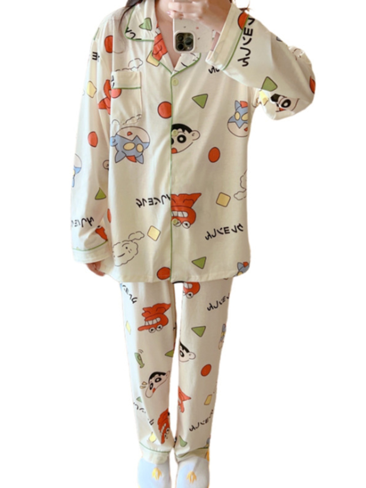 プラスサイズの純粋な綿のパジャマセット女性の長袖カジュアル漫画ホームレジャーツーピーススーツ V ネックボタンディテール