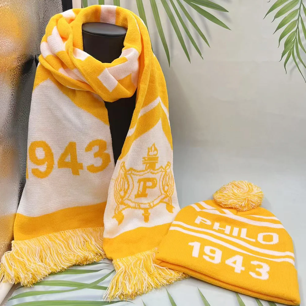 그리스 아카데미 클럽 파티 선물 PHILO 1943 노란색 흰색 스카프 모자 세트