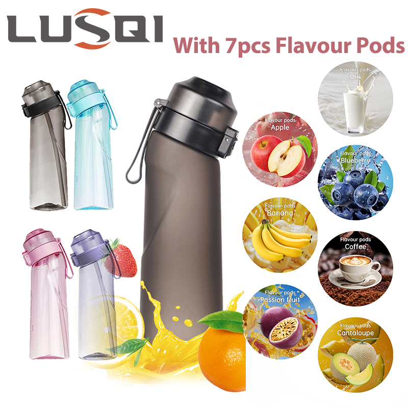 Botella de agua con sabor a aire LUSQI con anillo de 7 sabores, taza de plástico Tritan de paja de moda deportiva adecuada para deportes al aire libre y Fitness