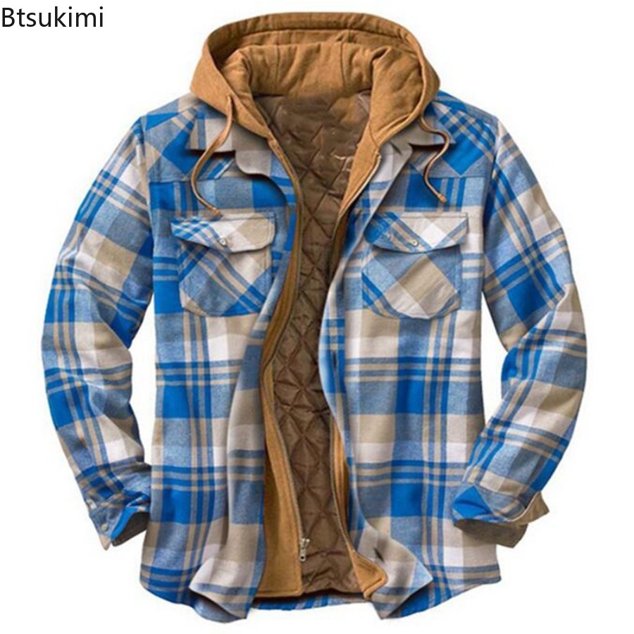 Novo inverno masculino impresso jaquetas de algodão harajuku camisas xadrez casacos com capuz zíper manga longa camisas casuais básicas jaquetas masculinas