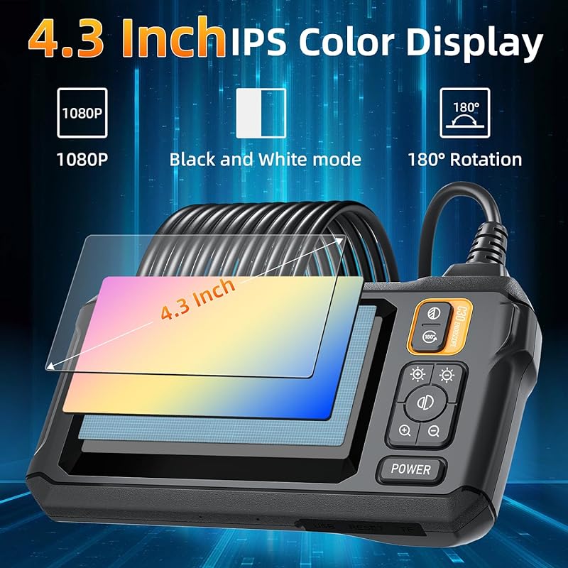2MP Endoscope Camera 4.3 IPS Screen Single Lens Borescope Inspection Camera with 8mm IP67 Waterproof Snake Camera for Car Engine