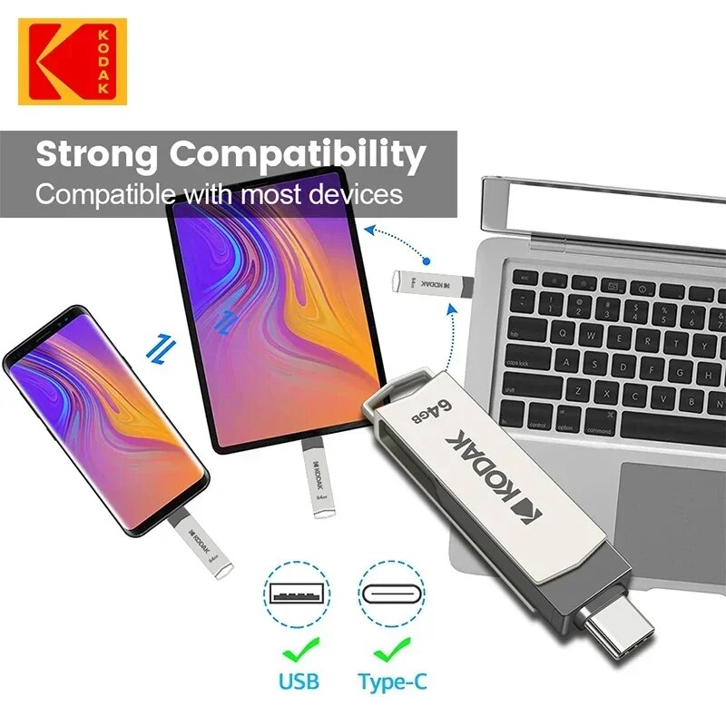 KODAK-USB Type C Flash Drive, Pendrive de alta velocidade, Memory Stick duplo para Smartphone, Laptop, 256GB, 128GB, 32GB