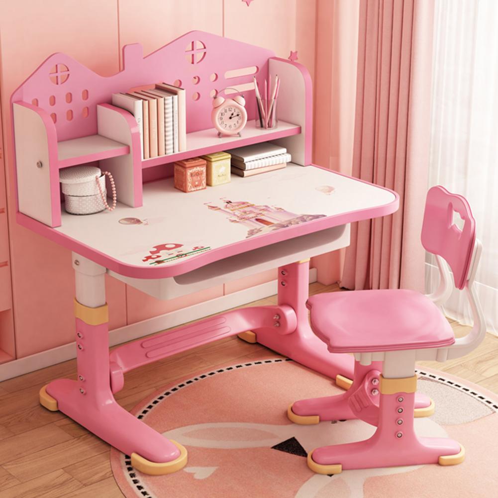 Kids Functional Desk Chair Set Height Adjustable Children School Study Desk with Castle Backboard, Widened Desktop, Bookstand