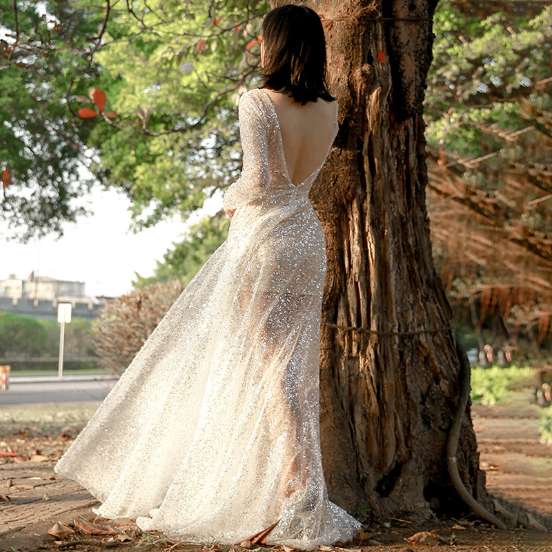 Vestido de noche largo transparente con cuello en V y lentejuelas, vestidos de fiesta de graduación para mujer