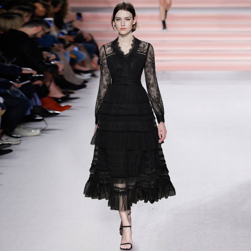 Sastrería, cuello en V, manga larga, encaje con cuentas y cintura, falda de pastel con volantes, vestido hinchado de malla, pequeño vestido de encaje negro
