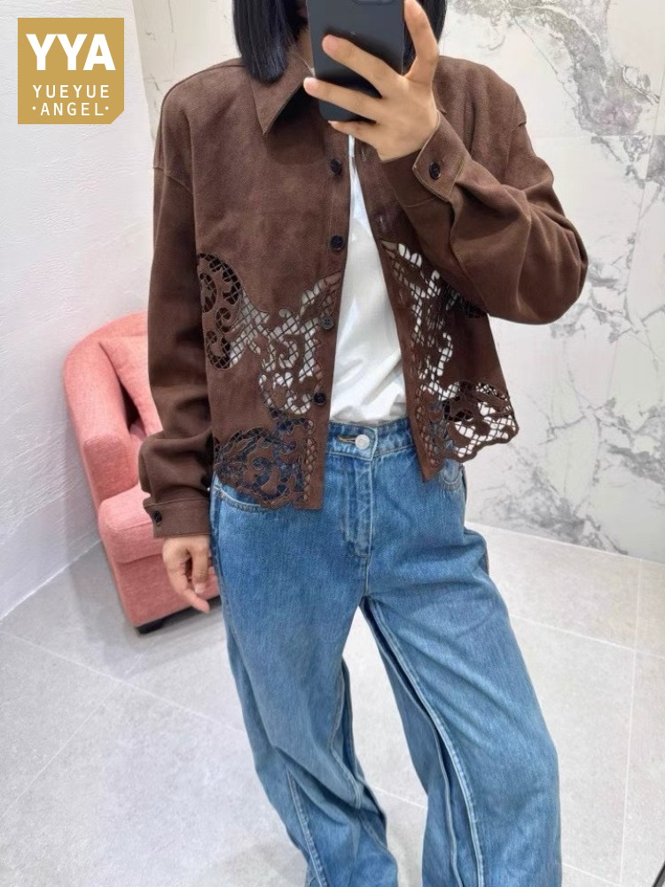 Qualidade superior outono couro genuíno camurça bordado oco para fora jaqueta feminina gola aberta natural pele de carneiro fino casaco curto