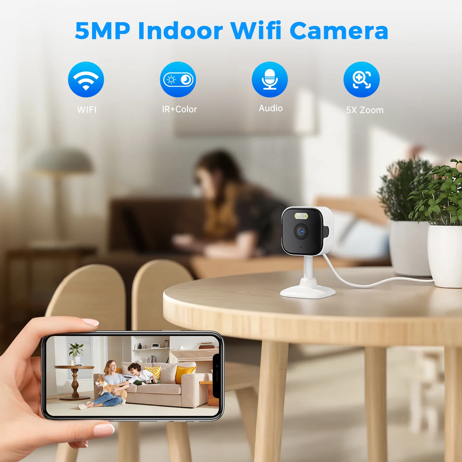 Mini telecamera IP WiFi da 5 MP Rilevazione umana interna Zoom 5X Sorveglianza Baby Monitor CCTV PTZ con supporto app O-Kam pro Scheda SD