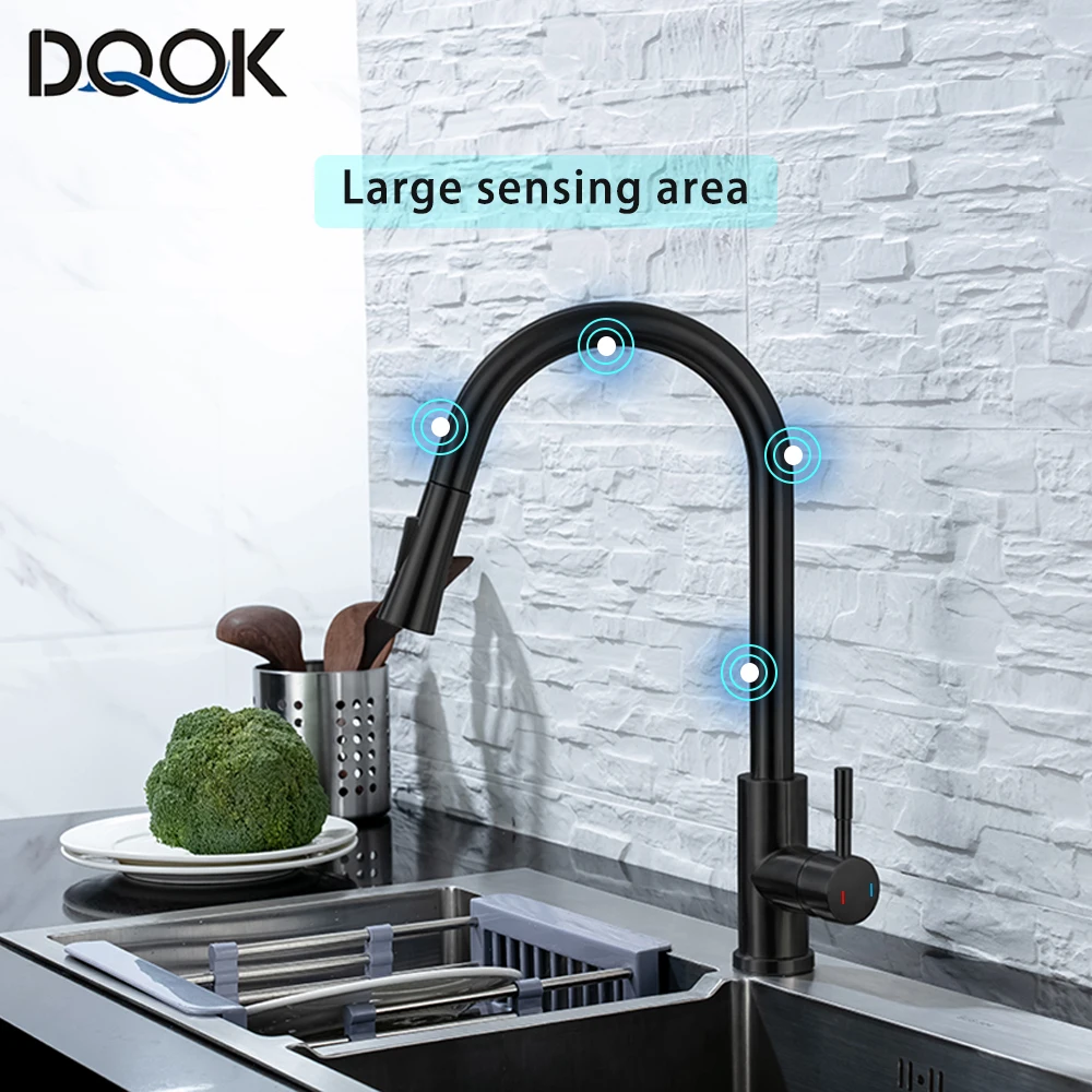 DQOK ก๊อกน้ําห้องครัวดึง Brushed Nickle Sensor สแตนเลสสีดําสมาร์ท Induction Mixed Tap Touch Control Sink Tap