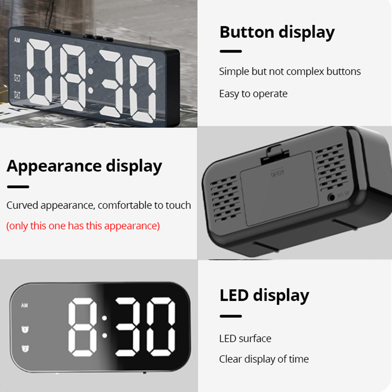 Reloj de mesa con espejo LED, reloj de escritorio electrónico con alarma digital, reloj de escritorio
