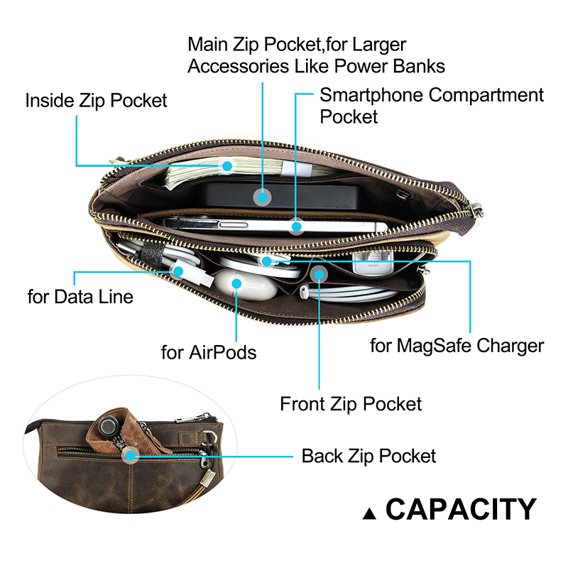 CONTACT'S Genuine Leather Men Clutch Bag Design Handbag Long Wallet Male Purse Travel Charge Storage Bag Cable Organizer