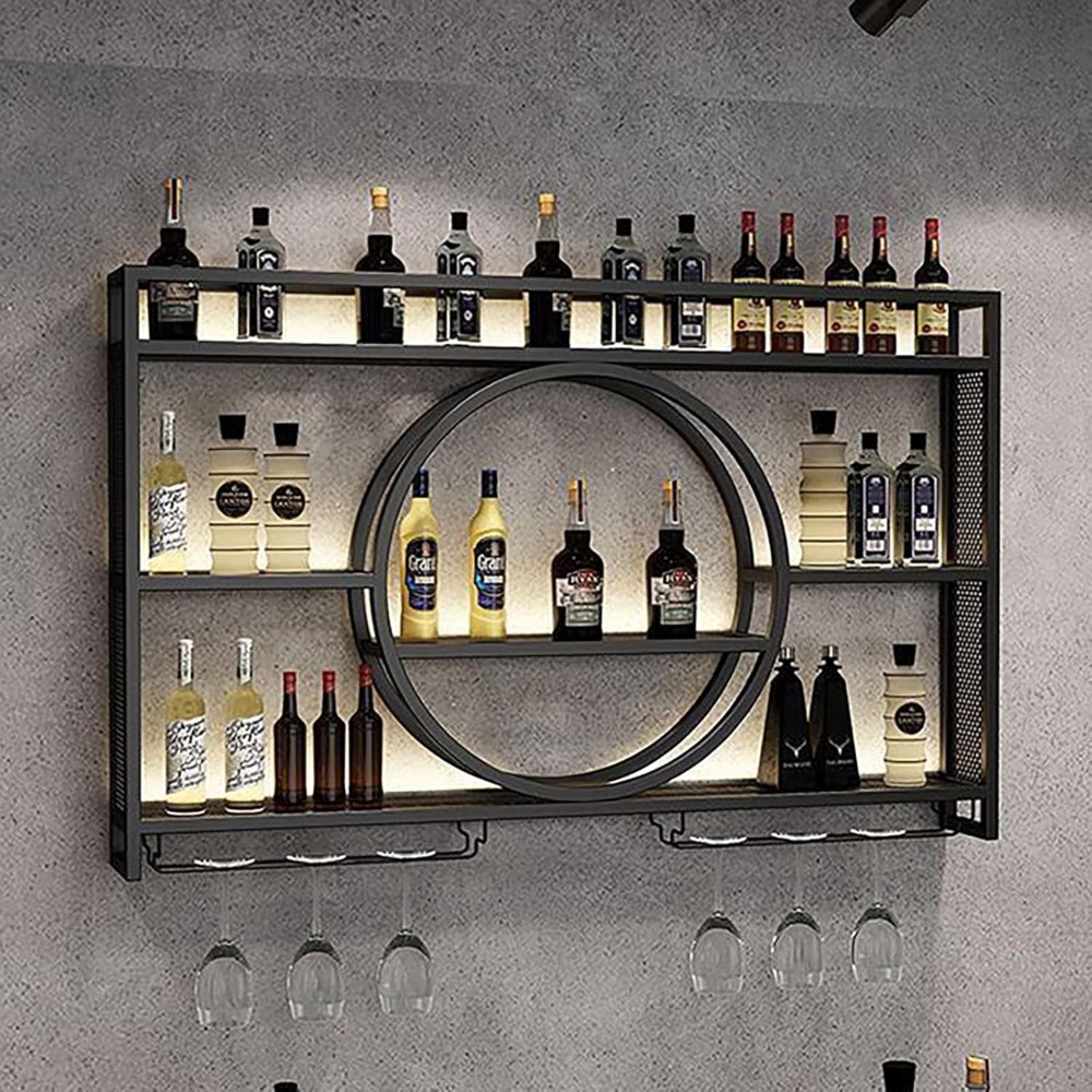 39" upgrade metal wall mounted wine rack with led lighting 3-tier large capacity hanging bar shelf wall bar cabinet mini bar for