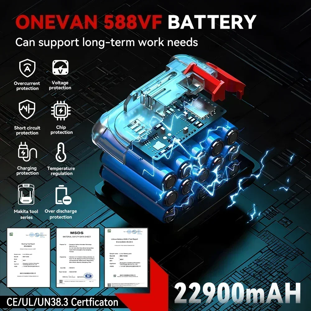 Onevan 22900mah 29900mah bateria recarregável de íon de lítio 588vf 928vf chave elétrica ferramenta elétrica para makita 18vbattery