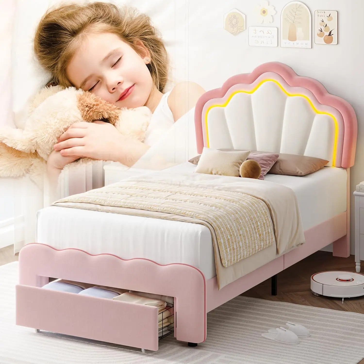 Twin Upholstered LED Bed Frame with Storage Drawer, Cute Girls Bed with Adjustable Lotus Headboard, Velvet Princess Plat