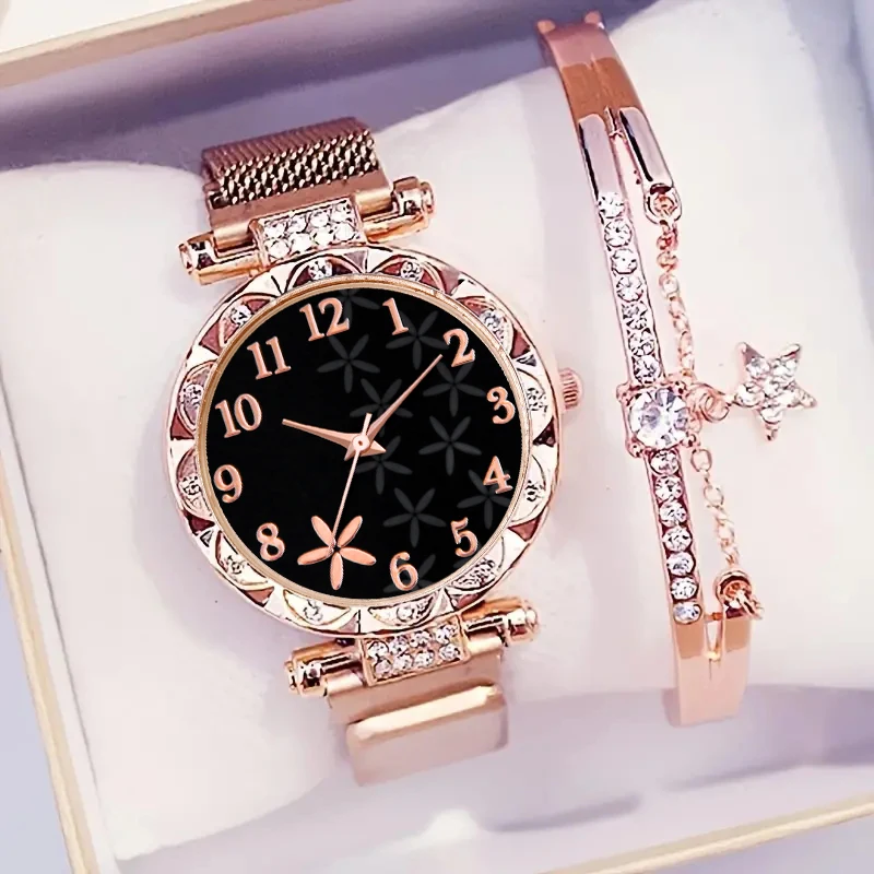 2 pçs/set moda flor dial relógio feminino ímã fivela malha banda relógios de quartzo estrela pulseira conjunto (sem caixa)