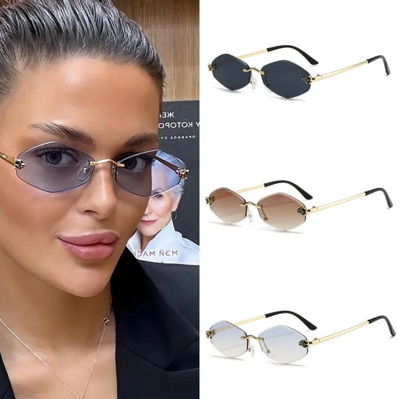 Gafas de sol sin marco con borde cortado, gafas de sol de leopardo personalizadas en forma de diamante, gafas de sol UV400 con montura pequeña resistentes a los rayos UV, nuevas