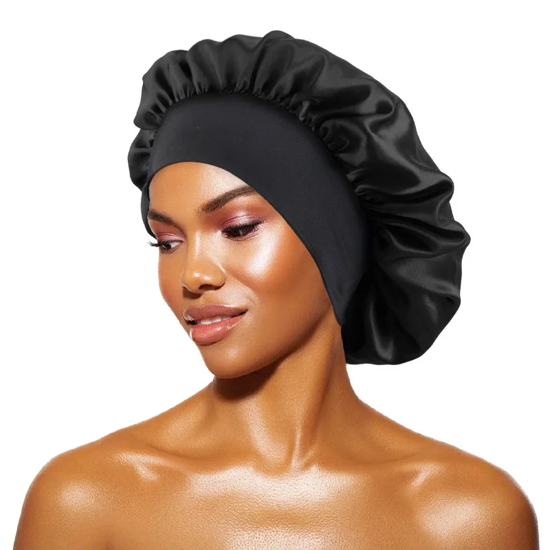 Gorro feminino de cetim sólido, aba larga, noite, dormir, banho, unissex, envoltório de cabeça, elástico, cuidados com os cabelos