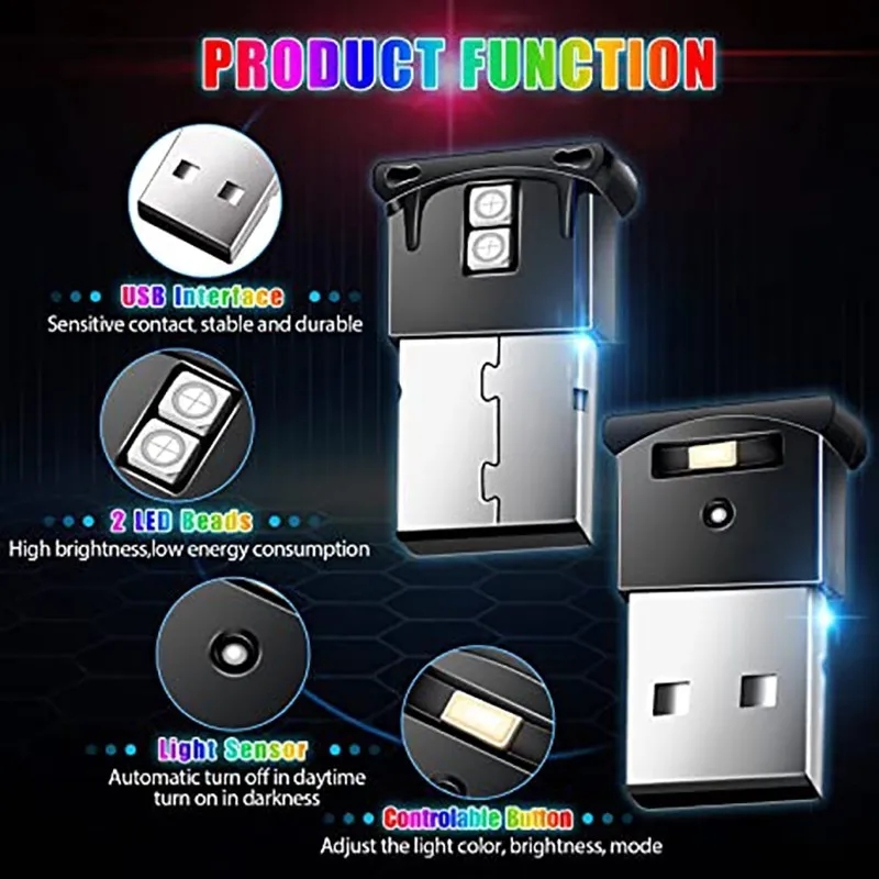 Mini USB ไฟ LED รถ Auto ภายในบรรยากาศไฟฉุกเฉิน RGB Auto สีสันโคมไฟตกแต่งอุปกรณ์เสริมรถยนต์