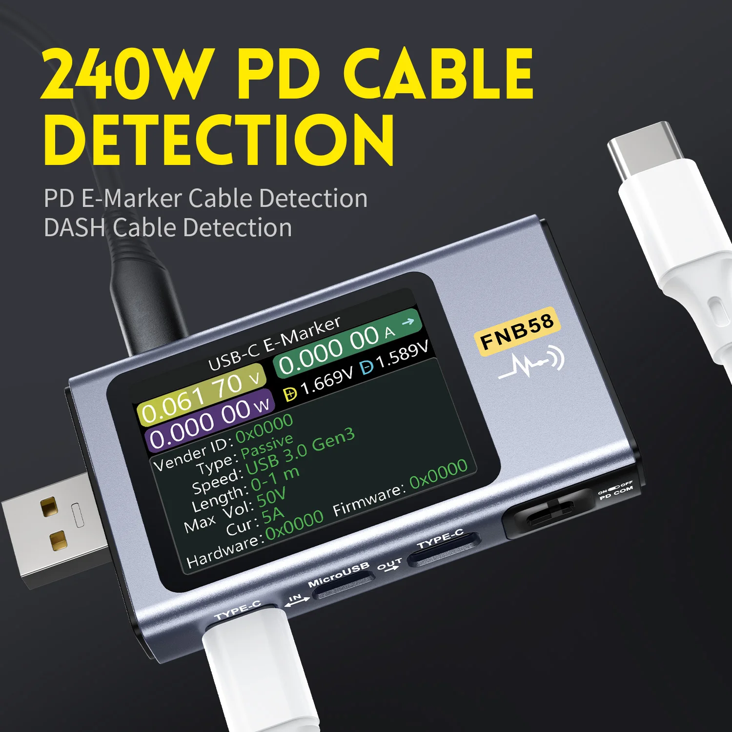 FNB58 USB เครื่องทดสอบโวลต์มิเตอร์แอมป์มิเตอร์ TYPE-C Fast Charge Detection Trigger การวัดความจุ Ripple การวัด