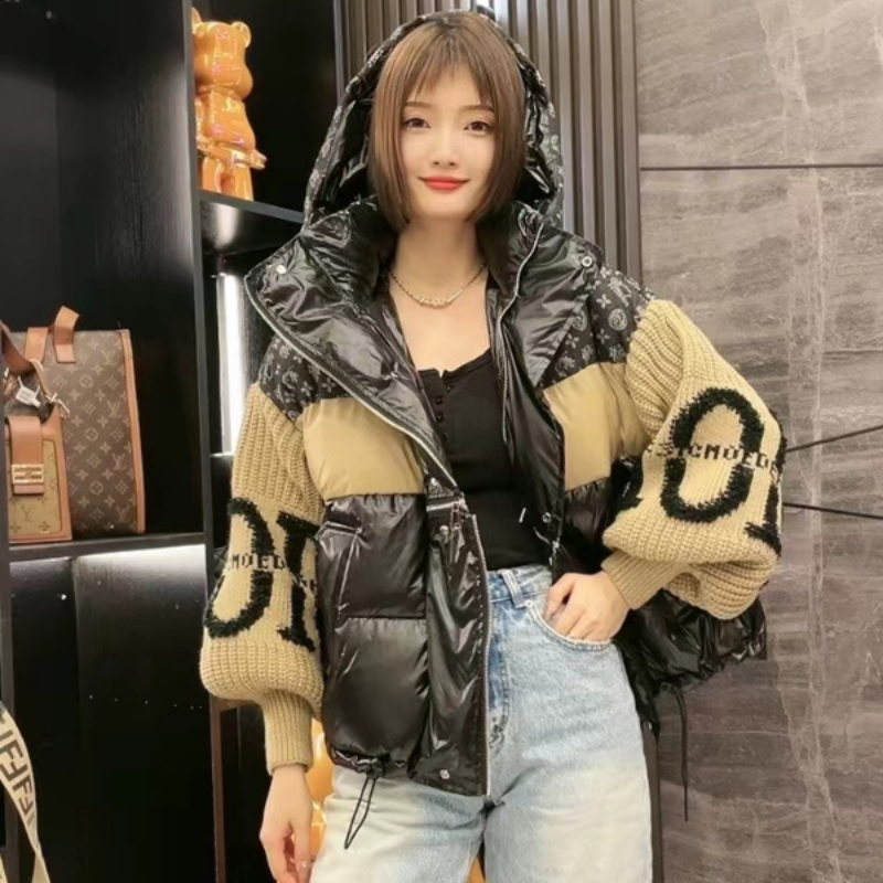 Patchwork Women Jacket Short Winter Coat Female Hooded Letter Parka Fashion Color Blocking Down Jacket Loose Padded Coats Down
