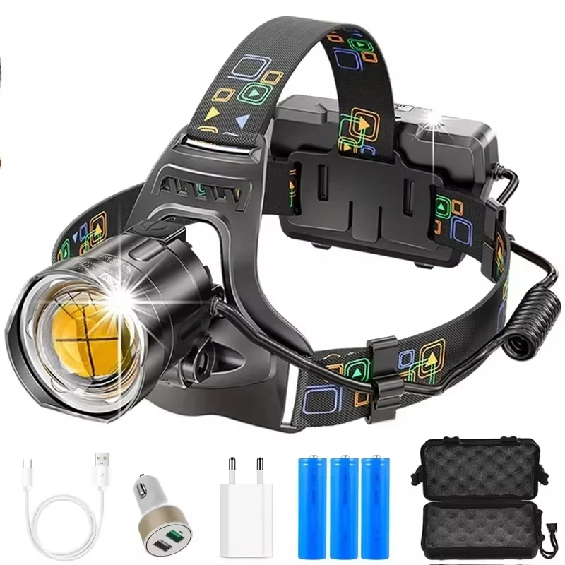 Potente linterna frontal Led XHP100 con zoom, recargable por USB, de alta potencia, salida impermeable, linterna frontal superbrillante 18650