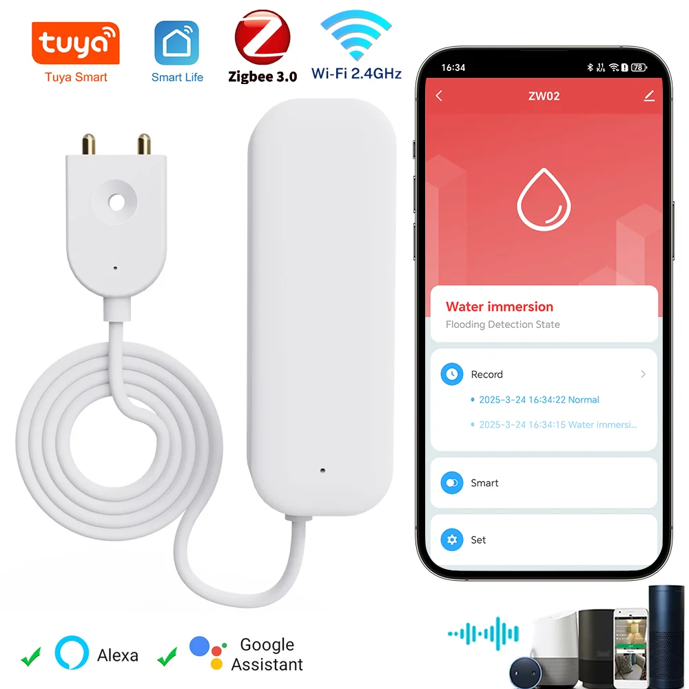 Tuya ZigBee Wi-Fi датчик утечки воды сигнализация о наводнении детектор утечки умный дом дистанционное управление работает с Alexa Google Assistant